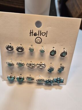 Turquoise Silver-Tone Stud Earring Set - 9 Pairs Western